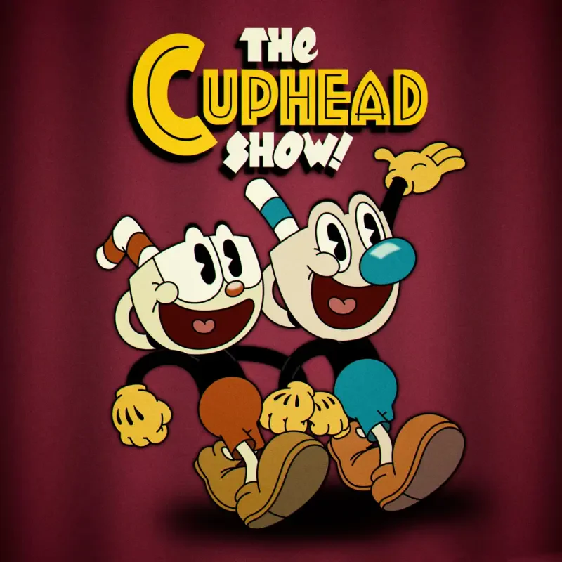 Cuphead and Mugman linked arm-in-arm, grinning beneath The Cuphead Show! logo on a red curtain background.