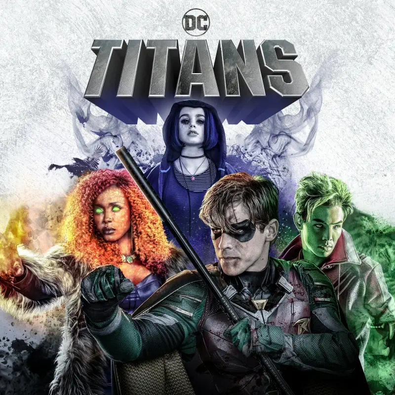 TV show Titans poster: four costumed heroes—a hooded staff-wielder, a fiery red-haired warrior, a green-haired fighter, and a shadowy woman—beneath the bold TITANS logo.