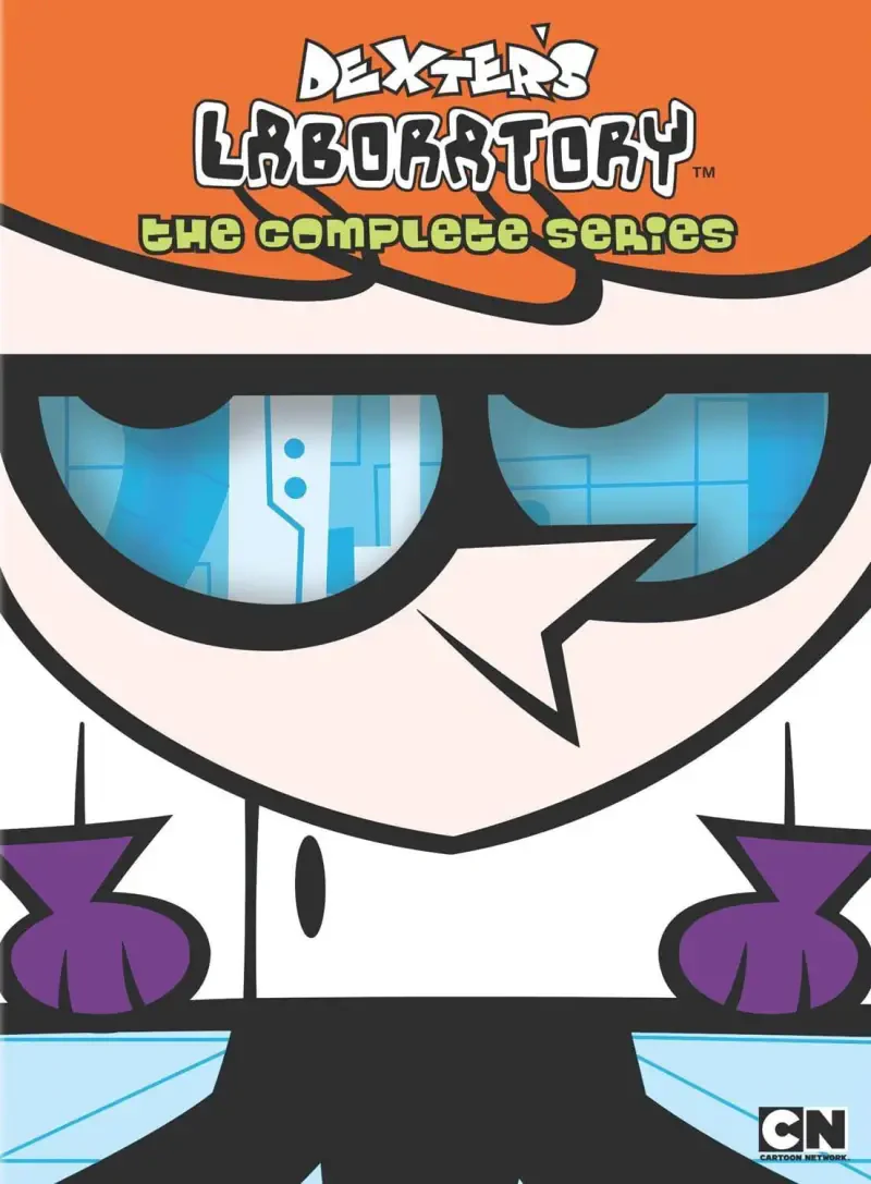 Cover art for Dexter's Laboratory: close-up of Dexter's face with reflective blue goggles, purple gloves and orange 'The Complete Series' banner.