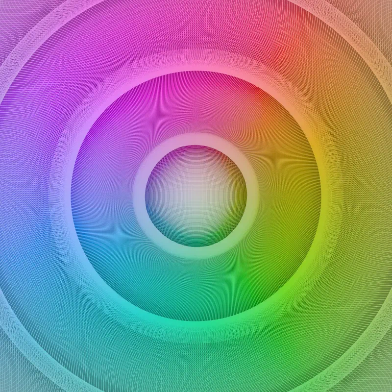 Vector wireframe lotus formed by concentric light rings and fine radial lines, glowing with a smooth gradient of rainbow colors.