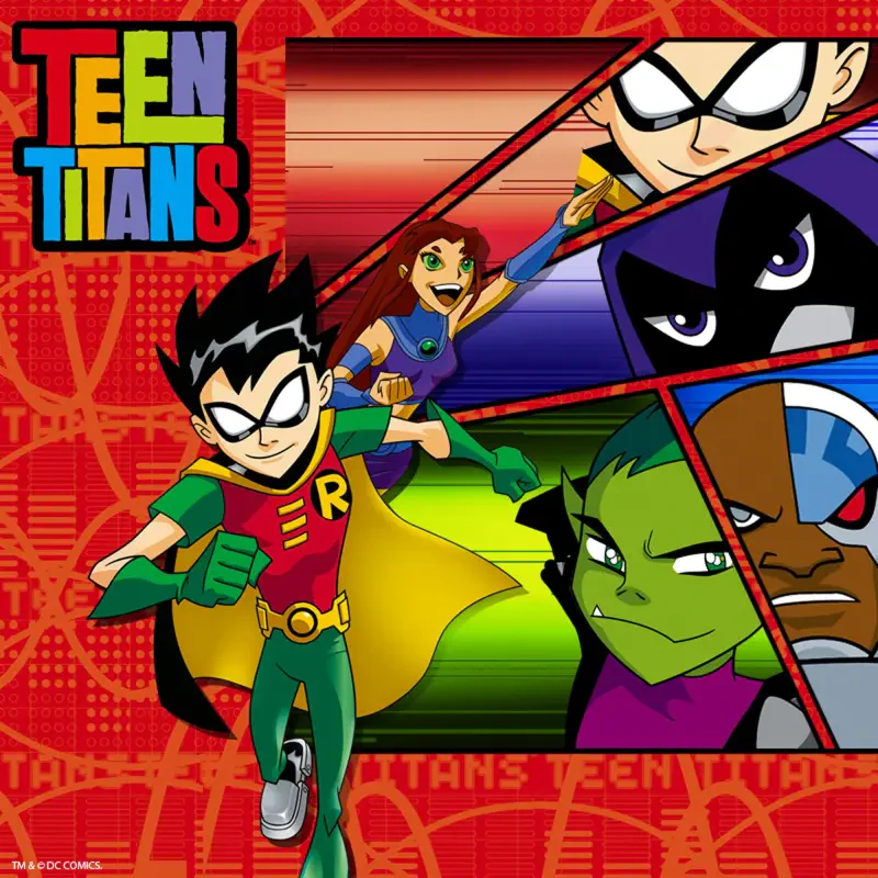 Teen Titans TV show artwork: Robin charges forward with Starfire, Raven, Beast Boy and Cyborg in a colorful, dynamic multi-panel layout.