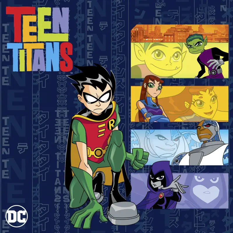 Teen Titans TV show poster: Robin crouches center with Raven, Starfire, Beast Boy and Cyborg in colorful panels alongside the bold Teen Titans logo.