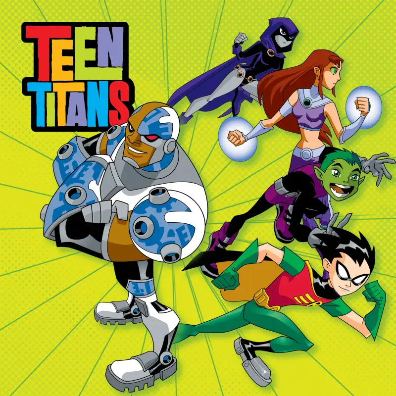 Teen Titans (TV show) image: Cyborg, Raven, Starfire, Beast Boy and Robin in action poses on a lime-green burst background with the Teen Titans logo.
