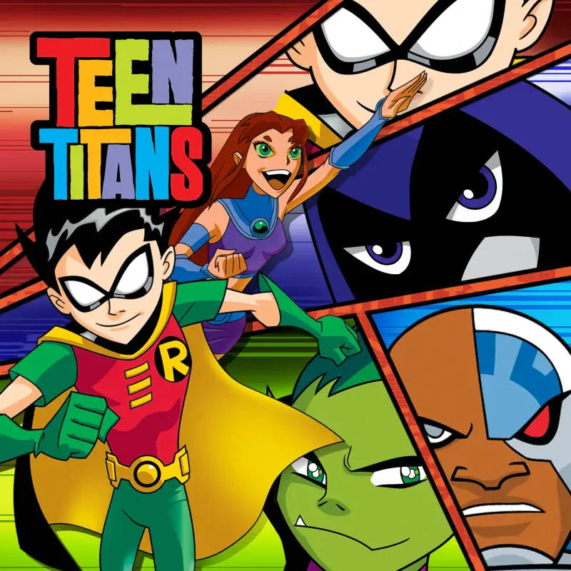 Colorful Teen Titans TV show poster featuring Robin, Starfire, Raven, Beast Boy and Cyborg in dynamic comic-style panels with the Teen Titans logo.