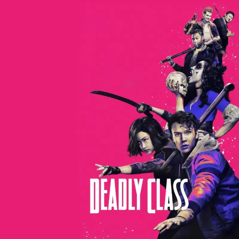 Deadly Class TV show promo: a group of young assassins wielding swords and guns posed against a bright pink background with the series title.