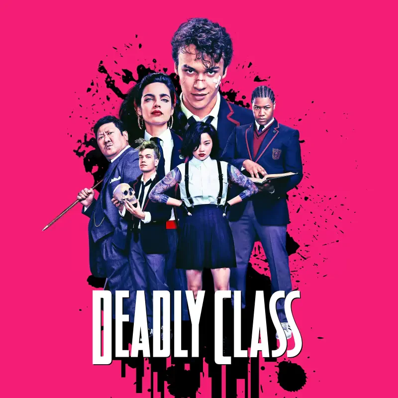 Promotional poster for the TV show Deadly Class: stylized group of students in dark school uniforms wielding weapons, posed against a vivid pink, ink-splattered background.