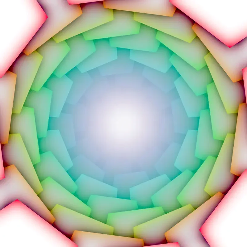 Geometric abstract modern design of layered colorful tiles forming a spiral, with a soft light glowing at the center.