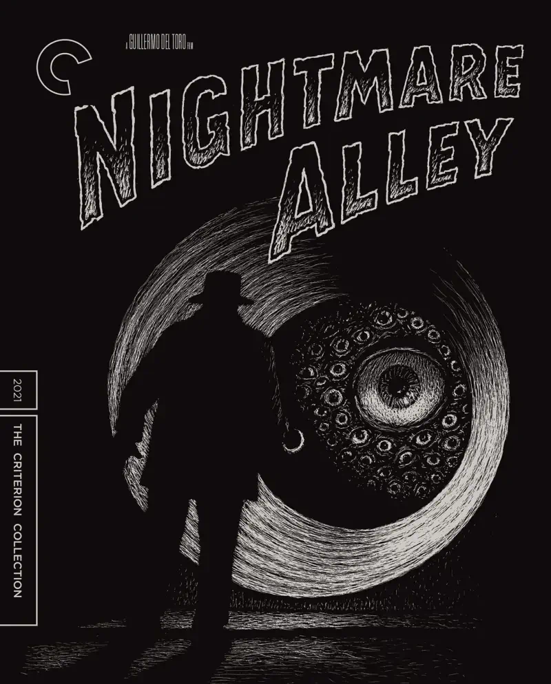 Black-and-white movie poster for Nightmare Alley: silhouetted man in a hat approaches a swirling, multi‑eyed vortex, the film title in distressed lettering.