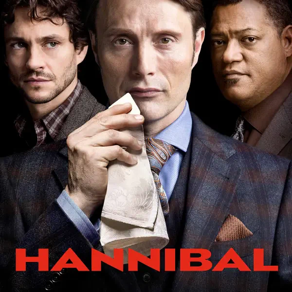 Hannibal TV show poster: three men in suits stare forward; the central figure holds a handkerchief to his mouth, tense expressions against a dark, moody background.
