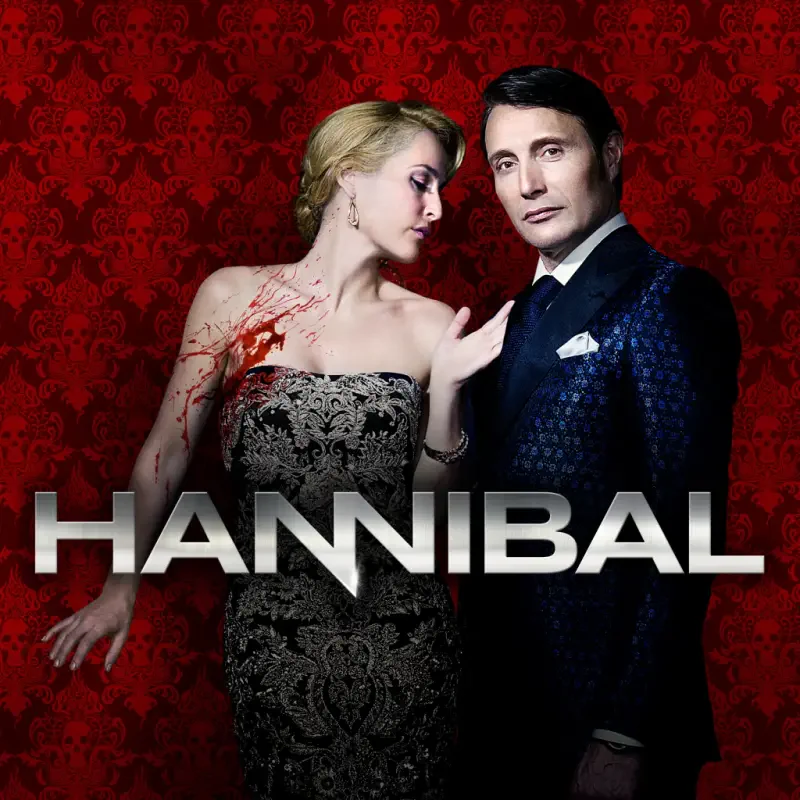 TV show Hannibal: a blood-splattered woman in an ornate gown leans toward a composed man in a dark suit against a red damask backdrop, with HANNIBAL title below.