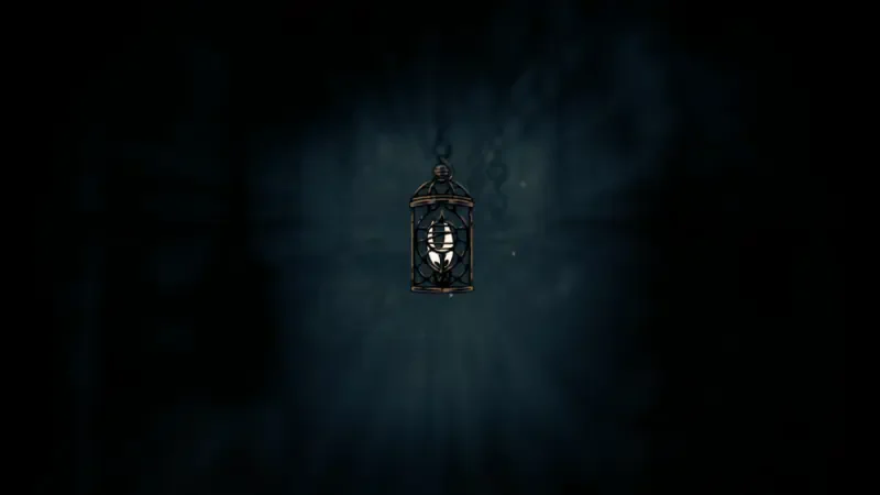 Hollowknight Silksong wallpaper: a single ornate lantern casts a pale glow in a dark, mist-filled cavern, creating a quiet, melancholic atmosphere. hollowknightsilksong sadsaadsasdads