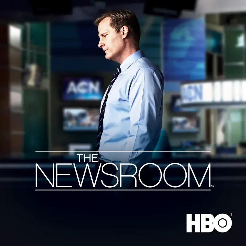Promotional image for The Newsroom (2012) TV show: a male news anchor in profile on a newsroom set, with the series logo and HBO logo visible.