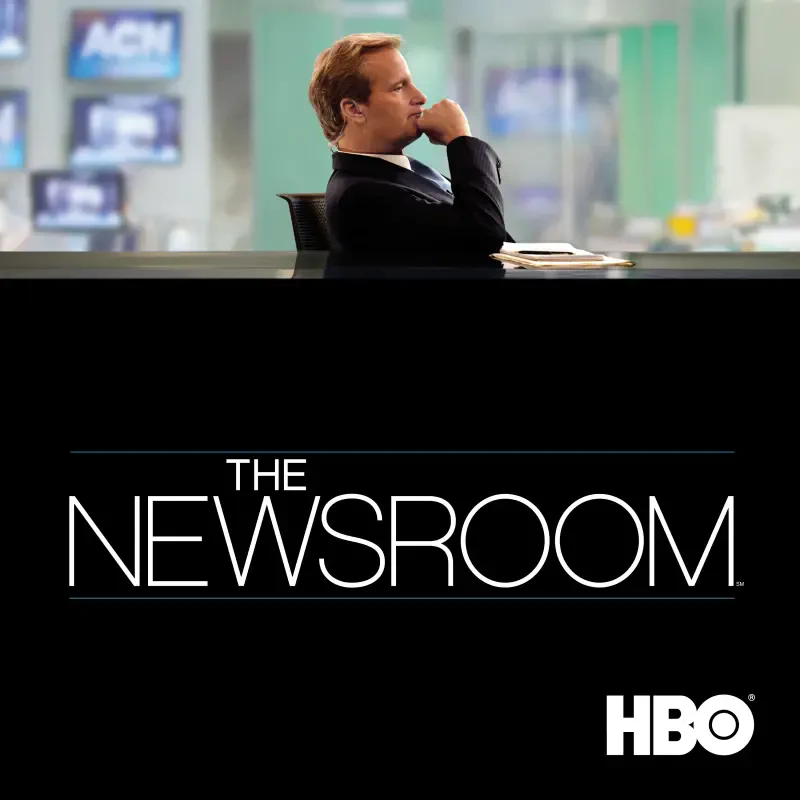 Promotional image for The Newsroom (2012) TV show: a news anchor in profile sits at a desk in a modern newsroom, with the series title and HBO logo below.
