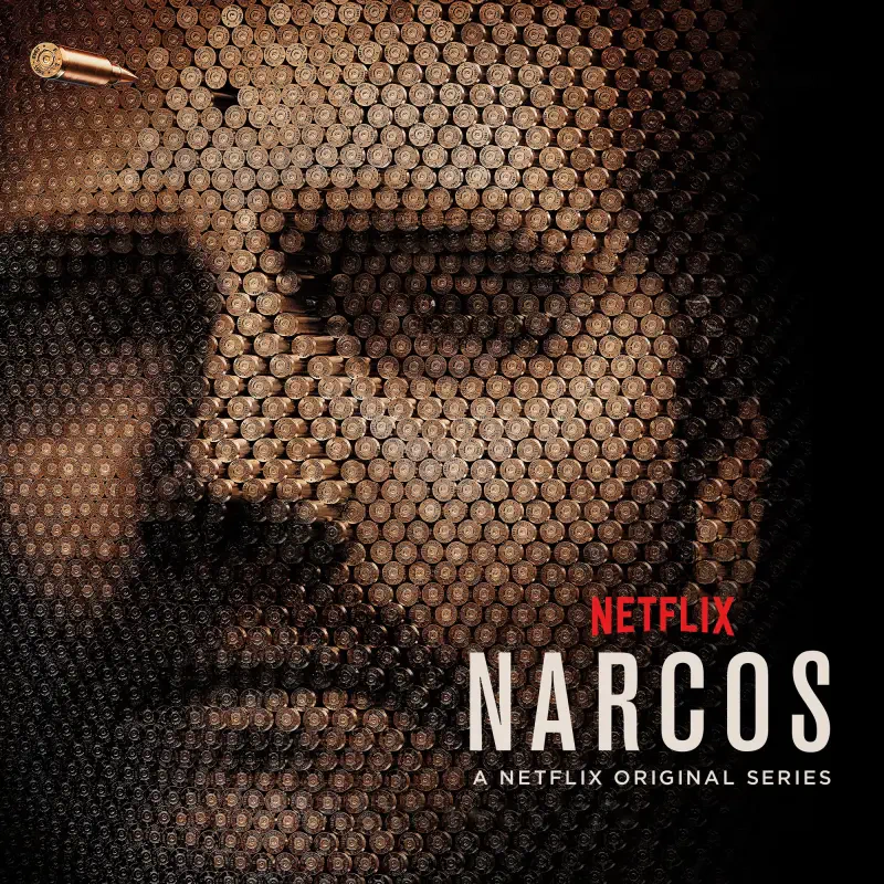 Honeycomb mosaic close-up of a man's face with the Netflix Narcos logo — TV show poster.