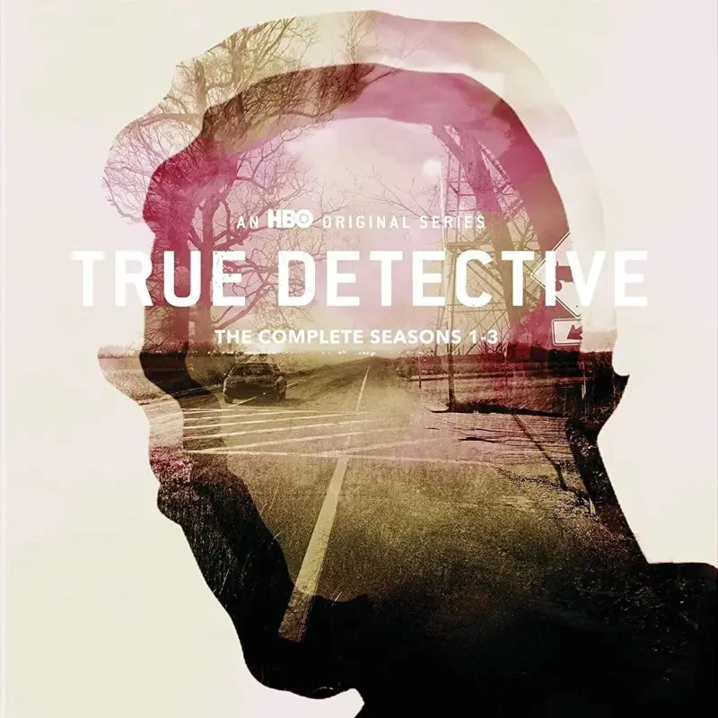 Double-exposed silhouette of a head with a road and trees overlaid, bold TRUE DETECTIVE text across the image — HBO TV show poster for the complete seasons.