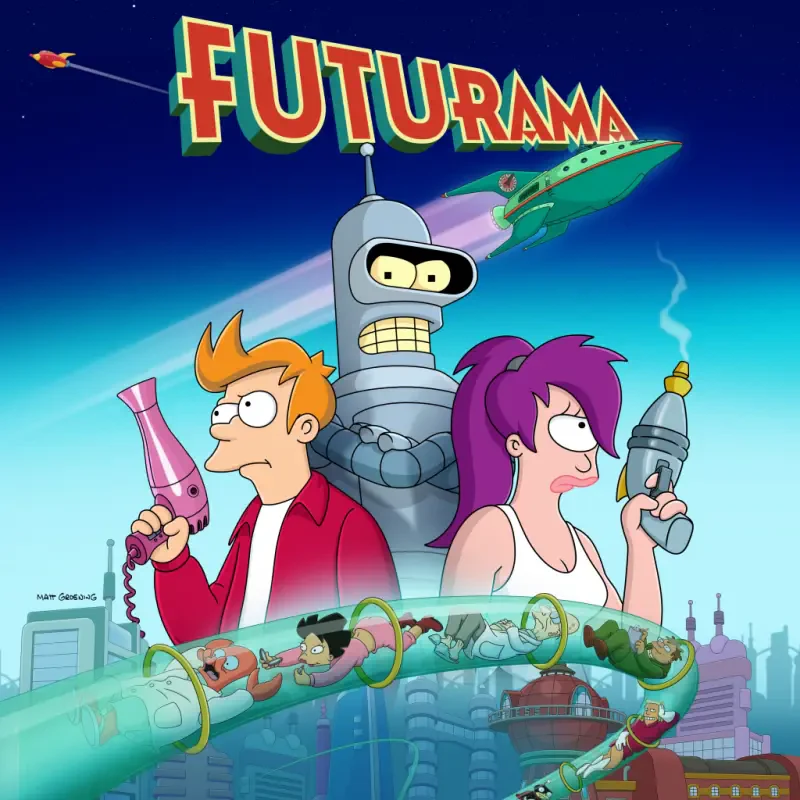 Futurama TV show image: Fry, Bender and Leela holding rayguns beneath the Futurama logo, Planet Express ship and a futuristic city skyline.