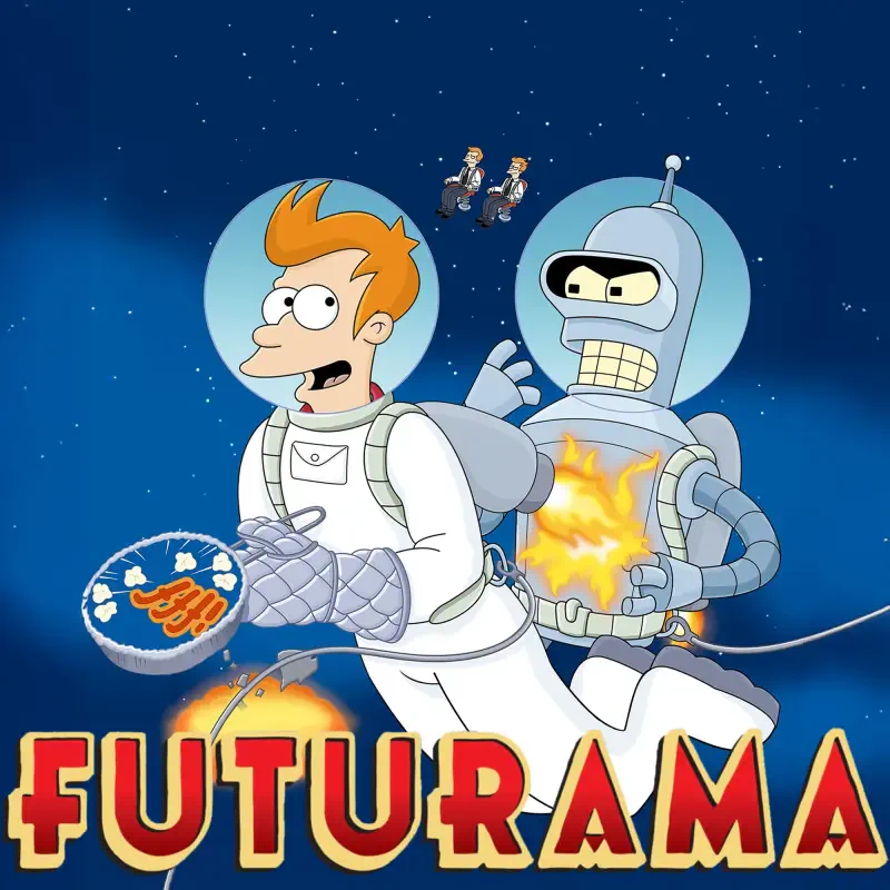 Futurama TV show: Fry in a spacesuit holding a plate of shrimp as Bender, also suited, floats behind with flames in his chest against a starry space backdrop.