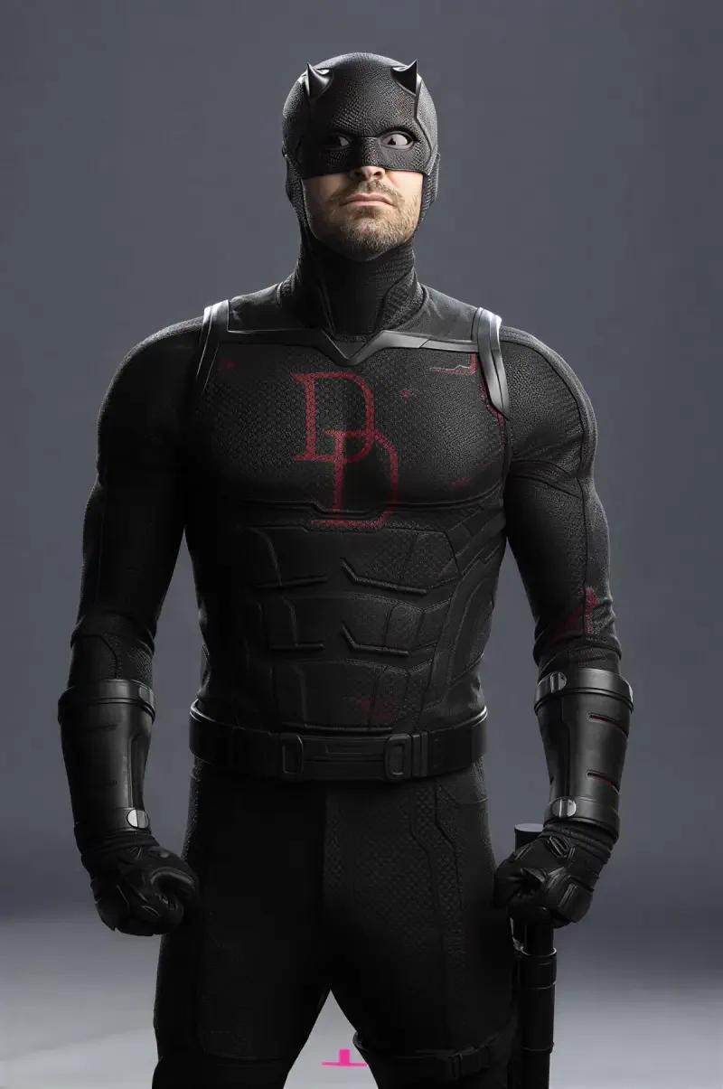 Armored masked vigilante in a black Daredevil suit with a red DD emblem and baton, posed against a gray backdrop — promotional image for the TV show Daredevil: Born Again.