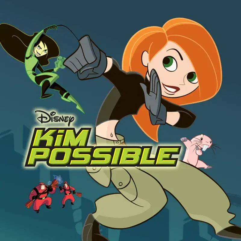 Promotional image for Disney's TV show Kim Possible: red-haired teen heroine mid-leap with Rufus the naked mole rat, villain Shego and the show's green logo in the background.