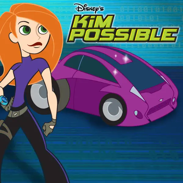 Kim Possible (TV show): animated redheaded heroine stands beside a sleek purple car with the show's logo on a blue tech-patterned background.