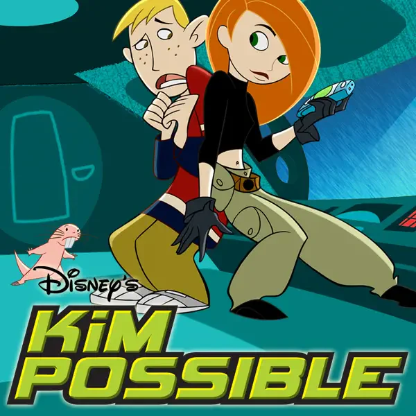 Disney's Kim Possible TV show poster: teen heroine Kim Possible crouches with sidekick Ron Stoppable and naked mole-rat Rufus, bold logo beneath.