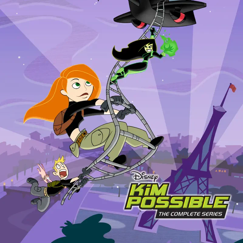 Kim Possible (TV show) swings on a cable above a purple Paris skyline as Shego hurls green energy and Ron panics below; the Disney Kim Possible series logo appears at the bottom.