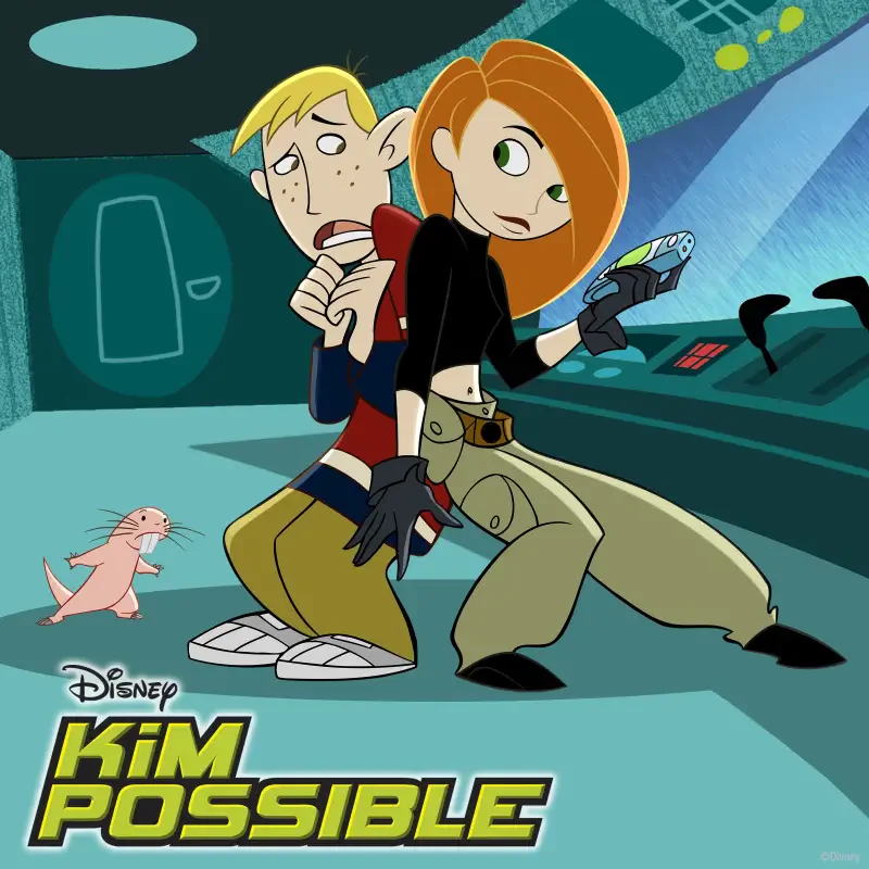 Kim Possible (TV show): Kim crouches with a communicator, Ron stands nervously behind her and Rufus the naked mole-rat scurries in a hi‑tech control room.