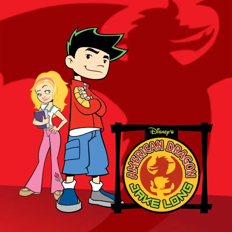 Disney's American Dragon: Jake Long promo — Jake Long stands with arms crossed beside Trixie, the show's circular dragon logo and a large red dragon silhouette in the background.