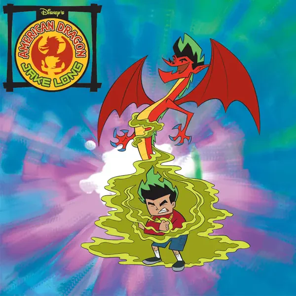 American Dragon: Jake Long (TV show) image — Jake wreathed in green transformation mist as a red dragon rises behind him; series logo visible in the corner.
