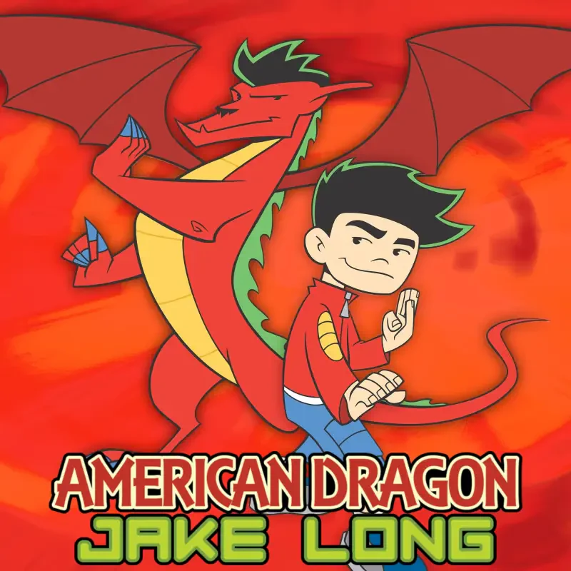 Poster for the TV show American Dragon: Jake Long showing the protagonist striking a pose with his red dragon form coiled behind him and the series logo.