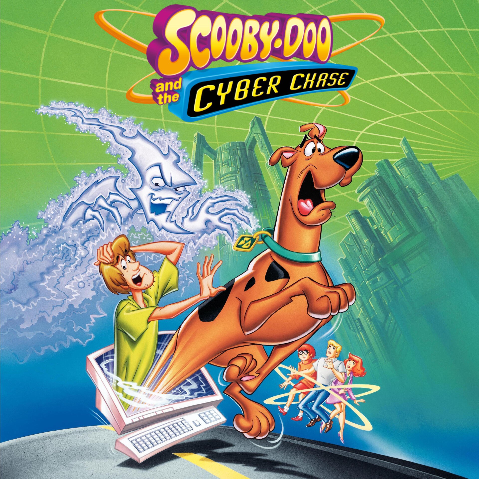 Movie poster for Scooby-Doo and the Cyber Chase: Scooby and Shaggy leaping from a laptop as a spectral cyber-ghost pursues them through a neon digital city with the gang behind.