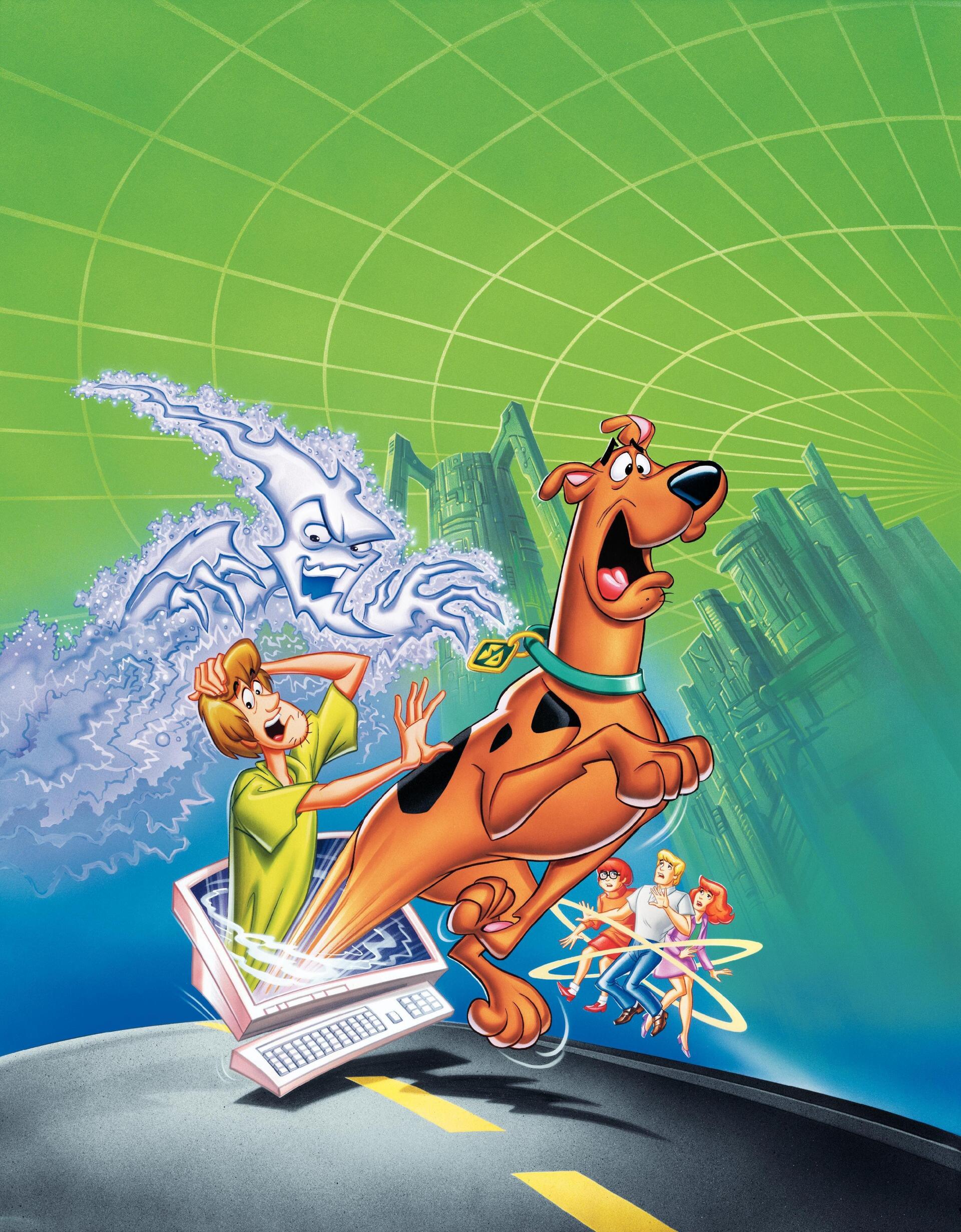 Scooby-Doo and the Cyber Chase poster: Scooby and Shaggy burst from a laptop into a neon green cyberscape as a ghostly virus pursues and the gang follows.