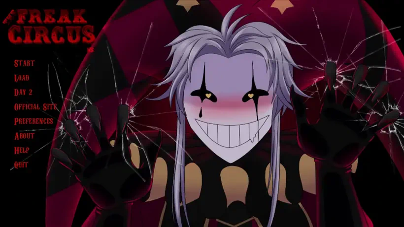 Grinning pierrot with silver hair, black tear-mark eyes and a yandere smile, looming behind shattered glass and long clawed hands against a blood-red backdrop with The Freak Circus logo.