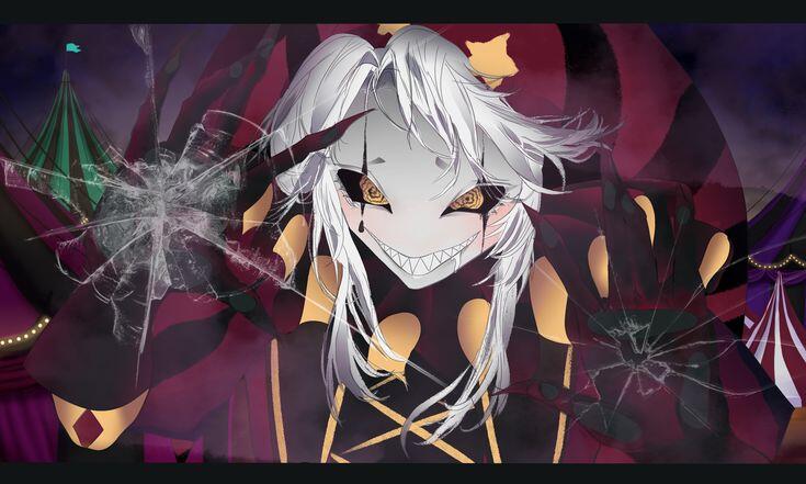 Pierrot yandere from The Freak Circus grins with razor teeth, white hair and yellow eyes, hands splayed against cracked glass as carnival tents and dark curtains loom behind.