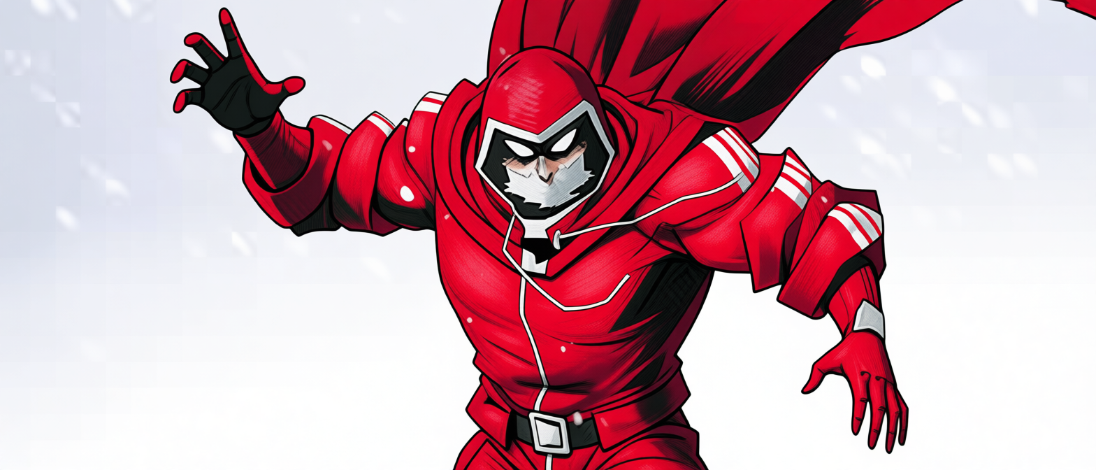 Comic-style Sanda in a Santa-red hooded cloak and mask, cape billowing, fists raised against a snowy sky.