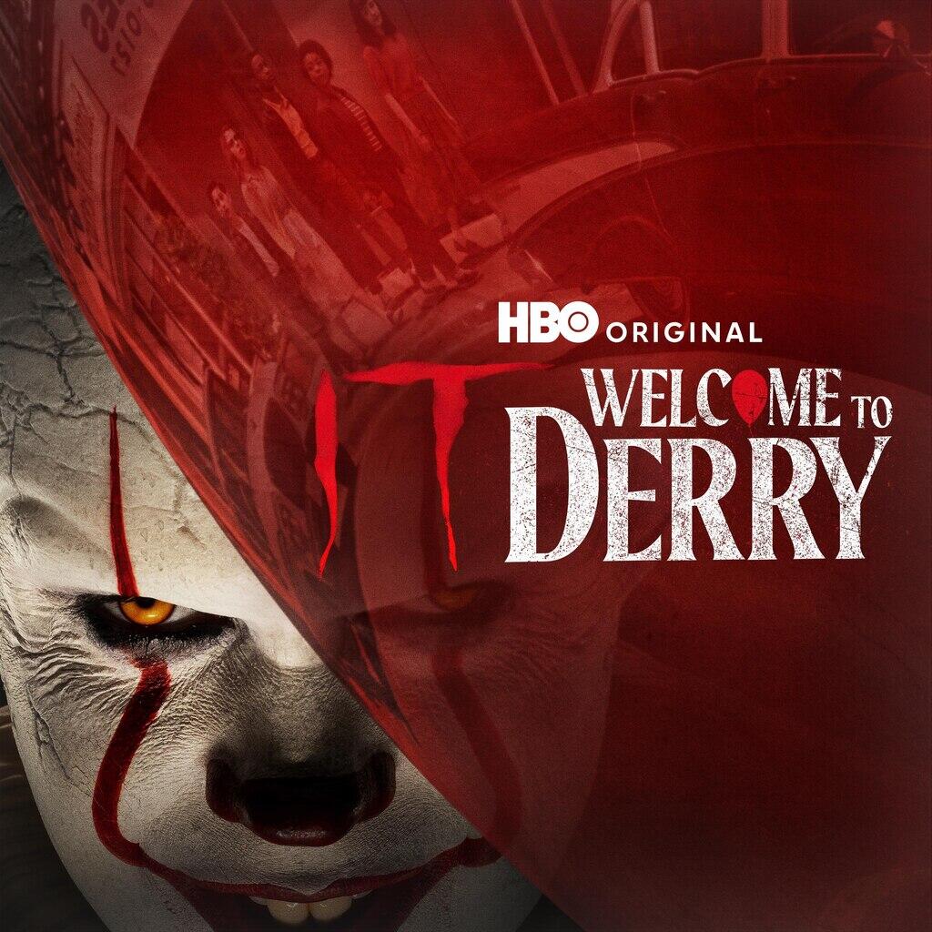 Promotional image for the TV show It: Welcome to Derry — Pennywise peeks from behind a red balloon with the HBO Original title.