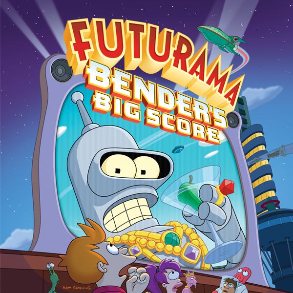 Futurama TV show poster: Bender dominates a billboard clutching jewels, the Planet Express crew stands below as a spaceship flies overhead.