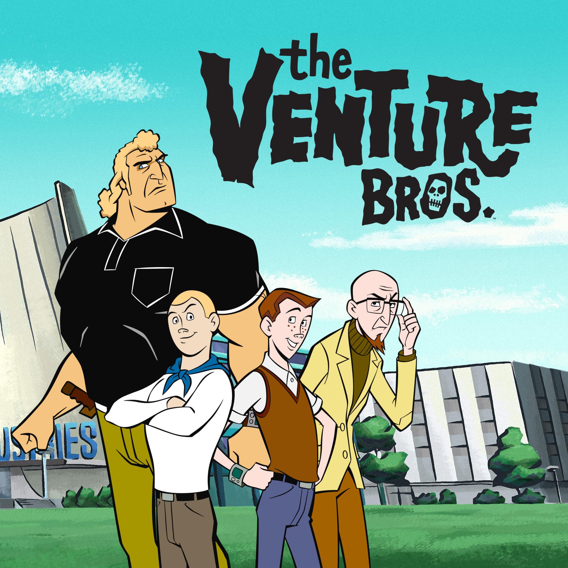 Promotional art for The Venture Bros. TV show: Brock Samson, twins Hank and Dean, and Dr. Thaddeus Venture posed in front of the Venture compound.