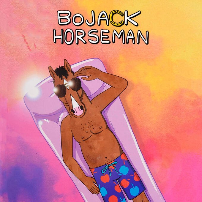 BoJack Horseman (TV show): shirtless horse-headed man reclining on a lounge chair, wearing sunglasses and bright swim trunks against a warm, pastel sunset background.