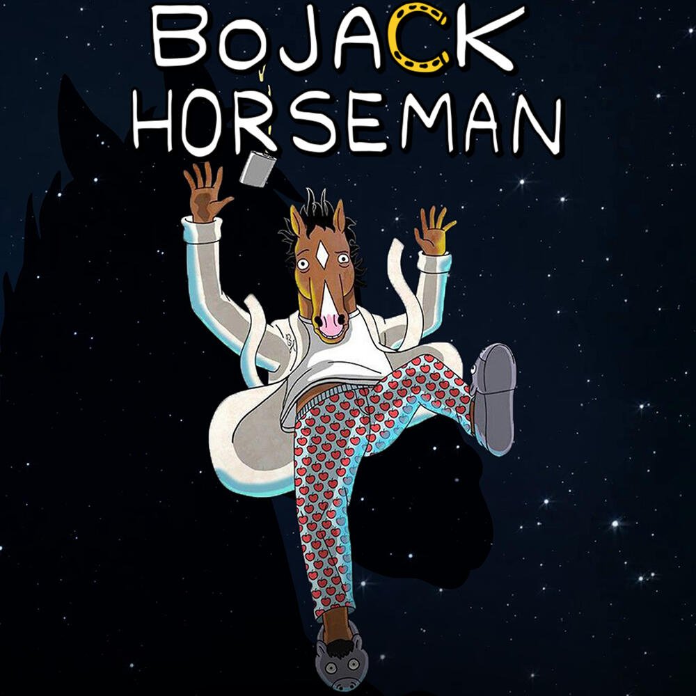 BoJack Horseman TV show poster: the anthropomorphic horse in a robe and patterned pajama pants tumbling through a starry night beneath the series title.