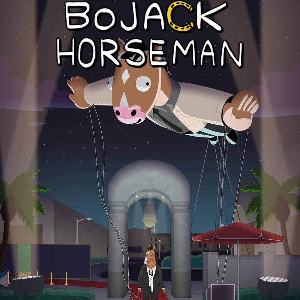 BoJack Horseman TV show image: giant BoJack parade balloon floats over a red‑carpet Hollywood arch at night, lit by spotlights and palm trees.