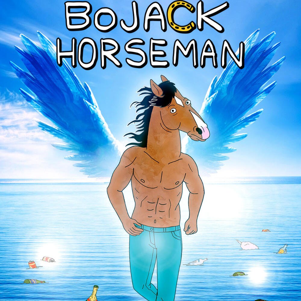 TV show BoJack Horseman poster: shirtless, muscular BoJack Horseman with blue angel wings standing in a sunlit ocean amid floating trash.