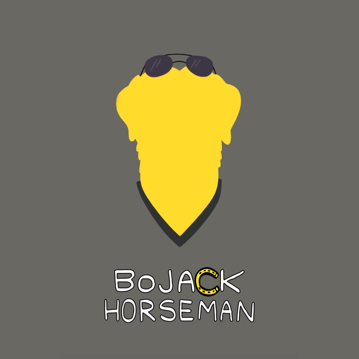 Minimalist BoJack Horseman TV show logo: yellow horse-head silhouette with sunglasses above hand-drawn BoJack Horseman text on a gray background.