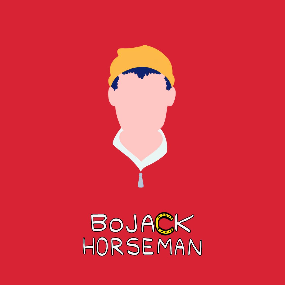 Minimalist red BoJack Horseman TV show poster: faceless stylized head wearing a yellow beanie above the show's logo.