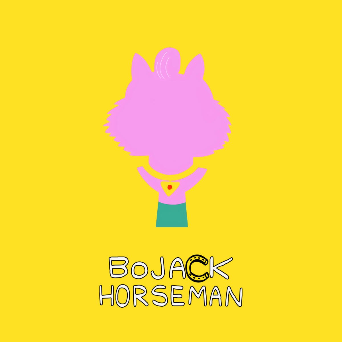Minimalist BoJack Horseman TV show art: pink character silhouette on a bright yellow background above a hand-drawn BoJack Horseman title.