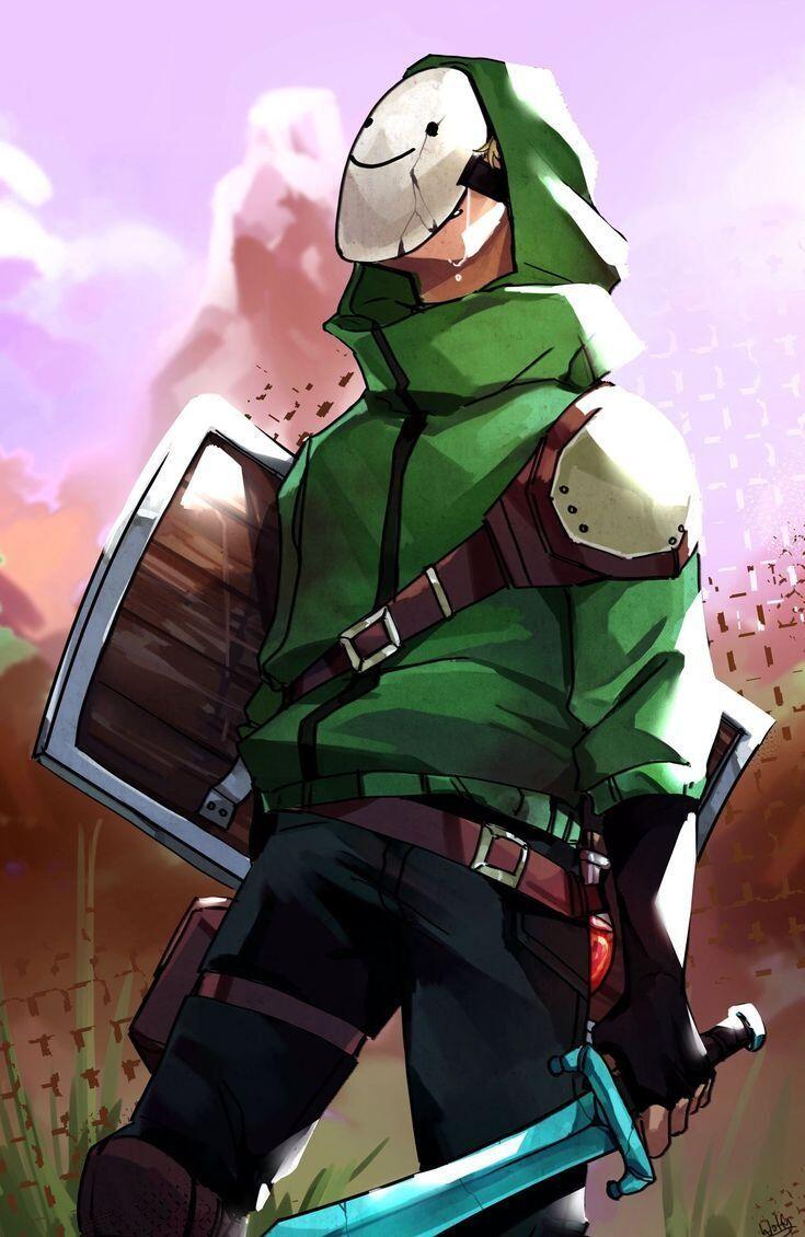 Stylized fan art of Minecraft YouTuber Dream: masked figure in a green hoodie holding a sword and wooden shield under a pastel sky.