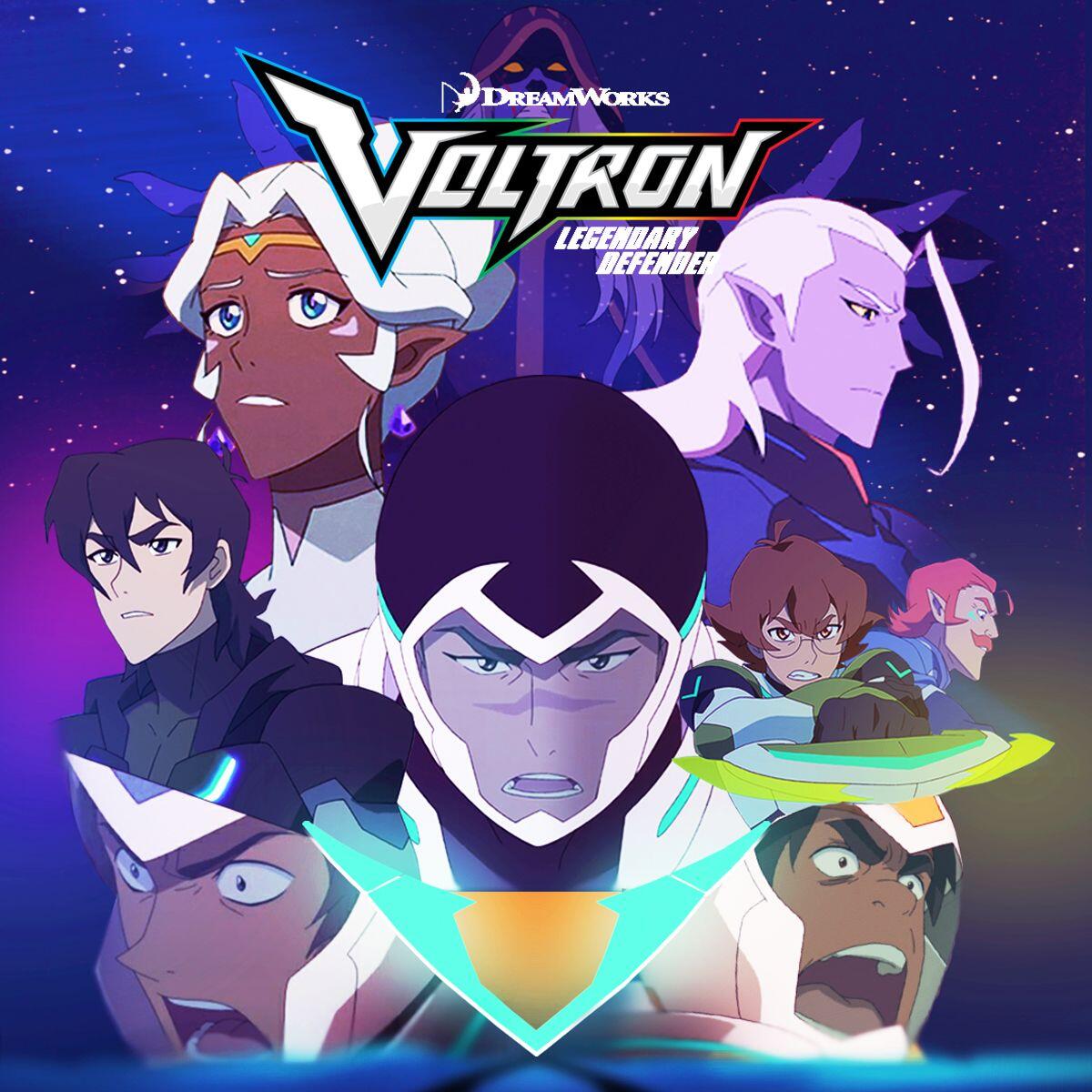 Voltron: Legendary Defender TV show poster — the five Paladins and allies in animated style around a glowing Voltron emblem against a starry cosmic backdrop.