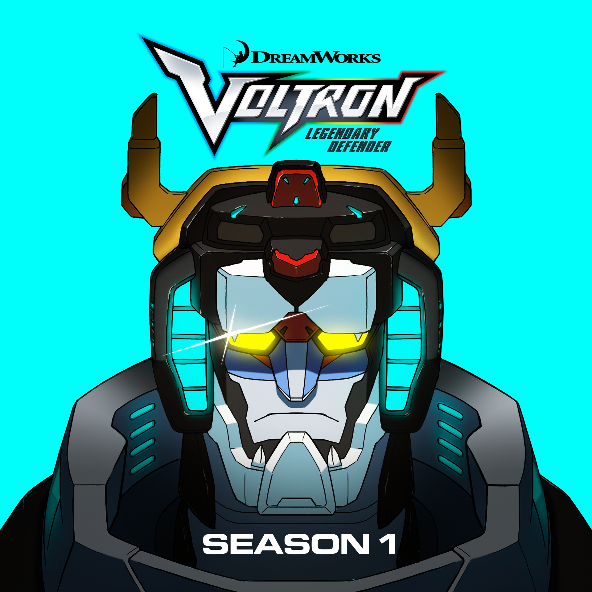 Voltron Legendary Defender TV show poster: close-up of Voltron's helmeted face with glowing eyes, series logo above and Season 1 text.