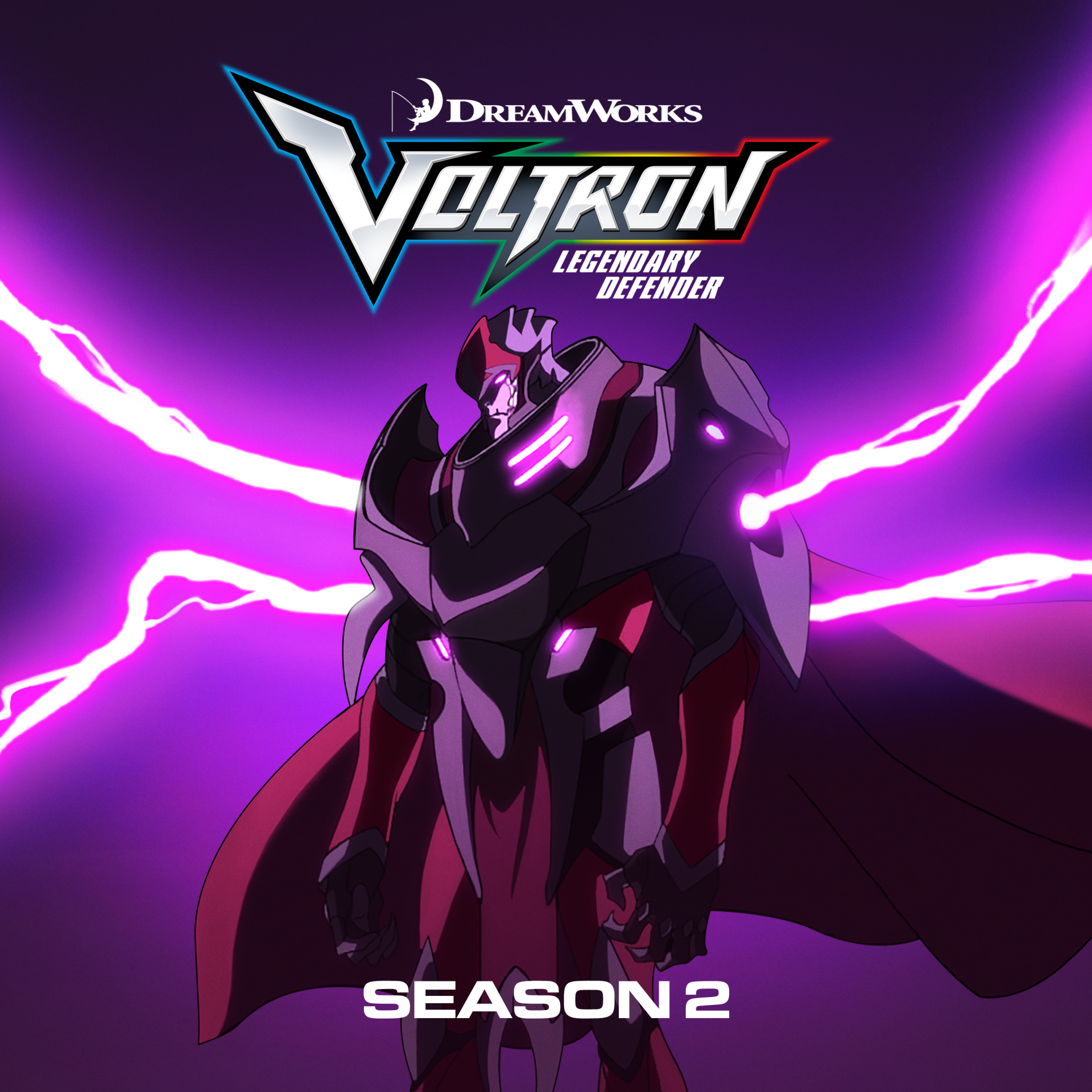 DreamWorks' Voltron: Legendary Defender (TV show) Season 2 poster — dark armored figure in a red cloak with glowing eyes and purple lightning arcs behind.
