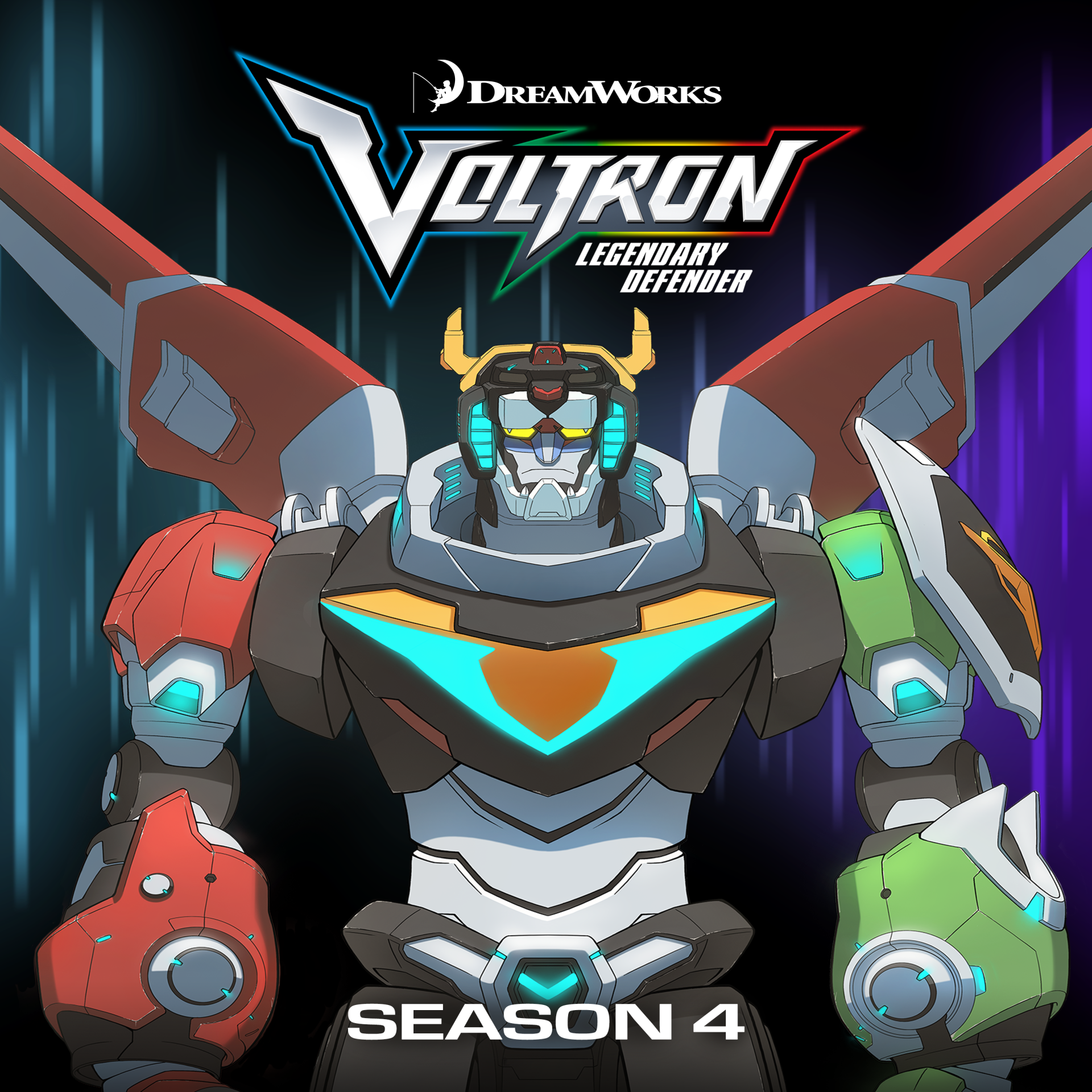 Voltron Legendary Defender TV show poster featuring the Voltron robot with glowing chest emblem, red and green armored arms, and Season 4 text.